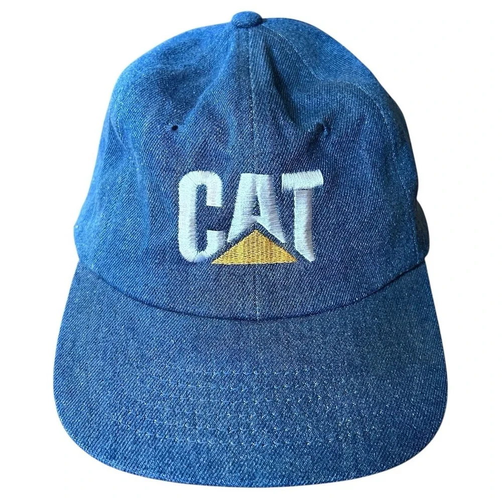 Vintage Caterpillar CAT Logo Blue Denim Strap back Hat USA Patch Trucker